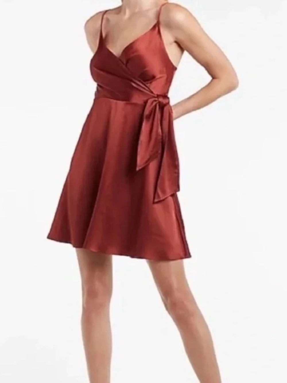 Express Satin Wrap Mini Dress in Rust